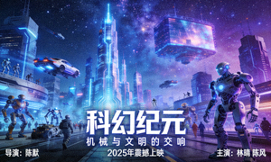 《科幻纪元》电影海报，未来城市与机器人共存的壮观景象