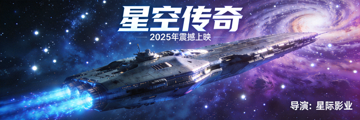 科幻巨制《星空传奇》电影海报，宇宙飞船在璀璨星河中航行
