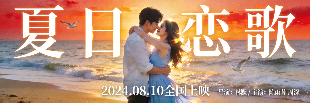 浪漫爱情电影《夏日恋歌》宣传海报，男女主角在海边拥抱的温馨场景