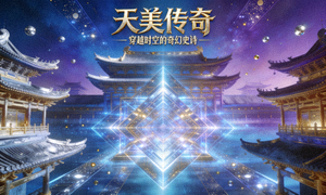 《天美传奇》电视剧海报，古代宫殿与现代元素融合的奇幻画面